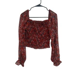 Whimsigoth Smocked Crop Blouse S Dark Floral Coquette Sheer Sleeve Top